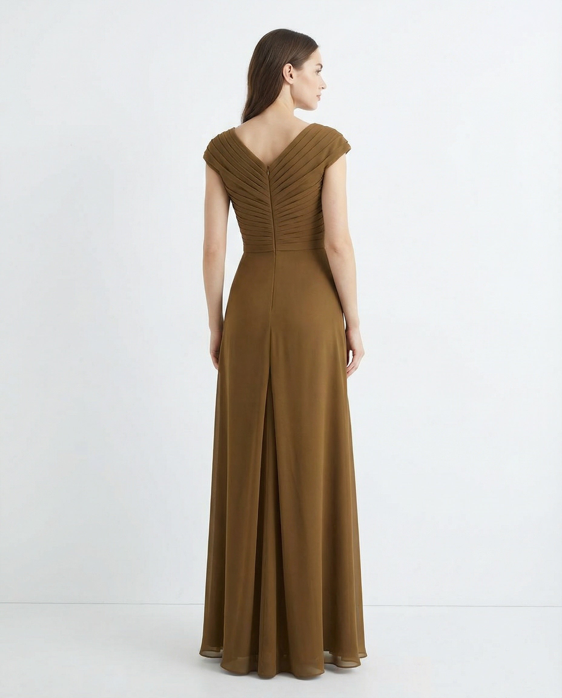 V-neck Cap Sleeves Pleated Bodice A-line Chiffon Dress