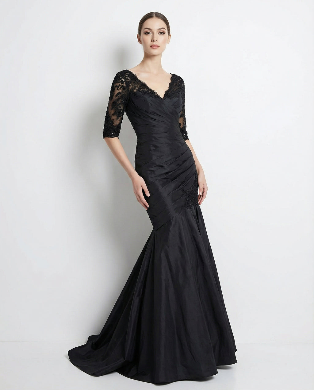V-neck Half Sleeves Mermaid Taffeta Evening Dress