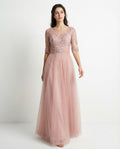 Half Sleeves Jewel Neck Lace Bodice A-line Tulle Dress with Pleated Waist