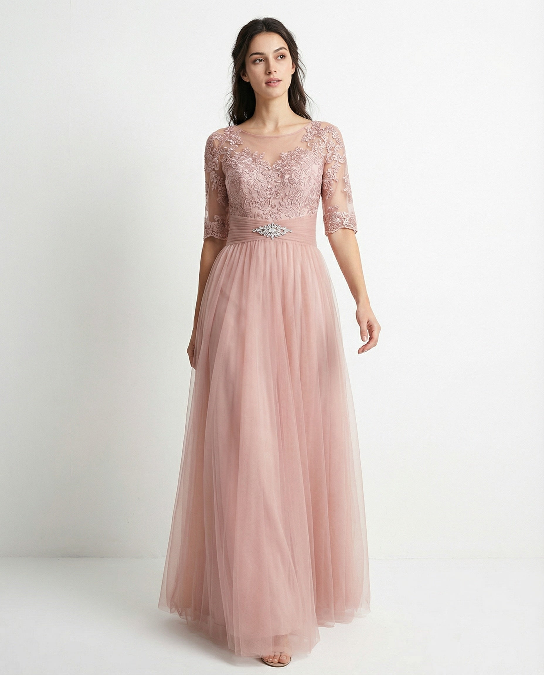 Half Sleeves Jewel Neck Lace Bodice A-line Tulle Dress with Pleated Waist