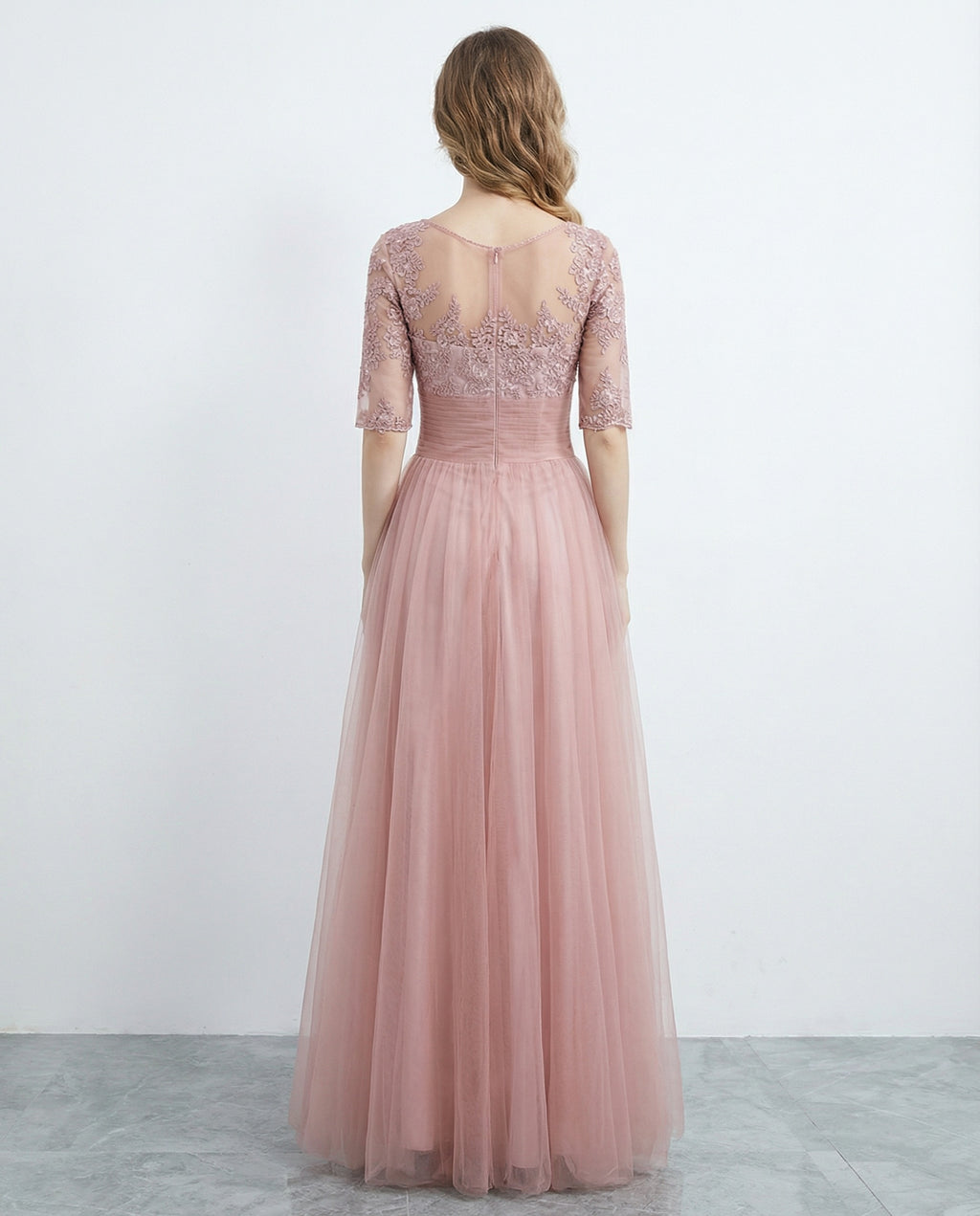 Half Sleeves Jewel Neck Lace Bodice A-line Tulle Dress with Pleated Waist