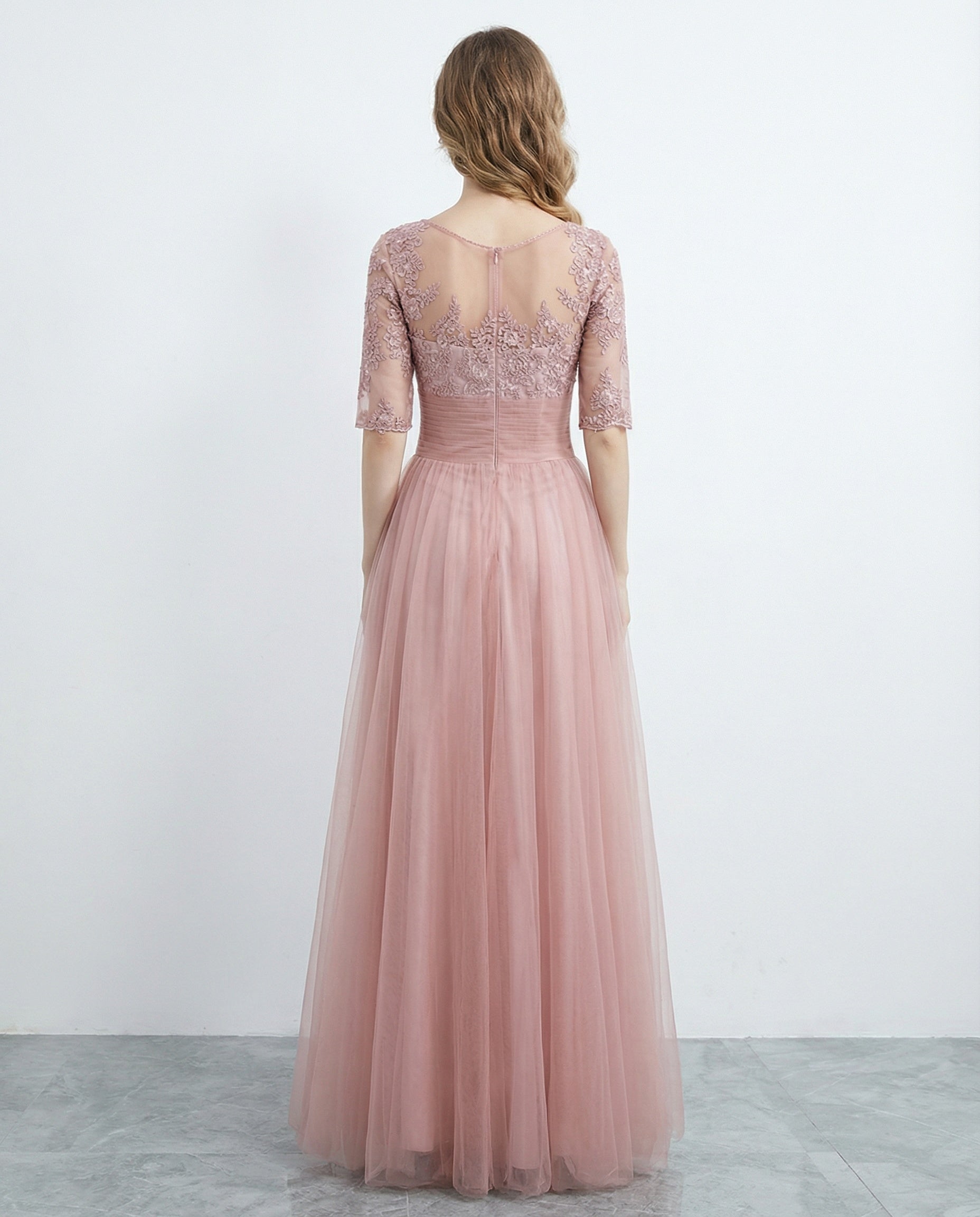 Half Sleeves Jewel Neck Lace Bodice A-line Tulle Dress with Pleated Waist