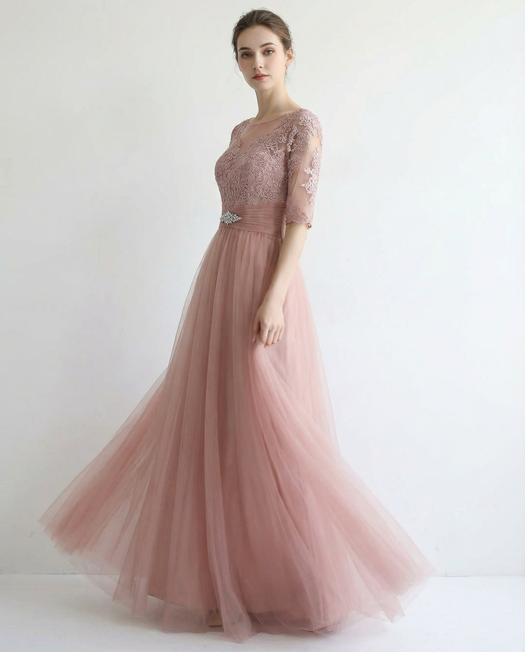 Half Sleeves Jewel Neck Lace Bodice A-line Tulle Dress with Pleated Waist