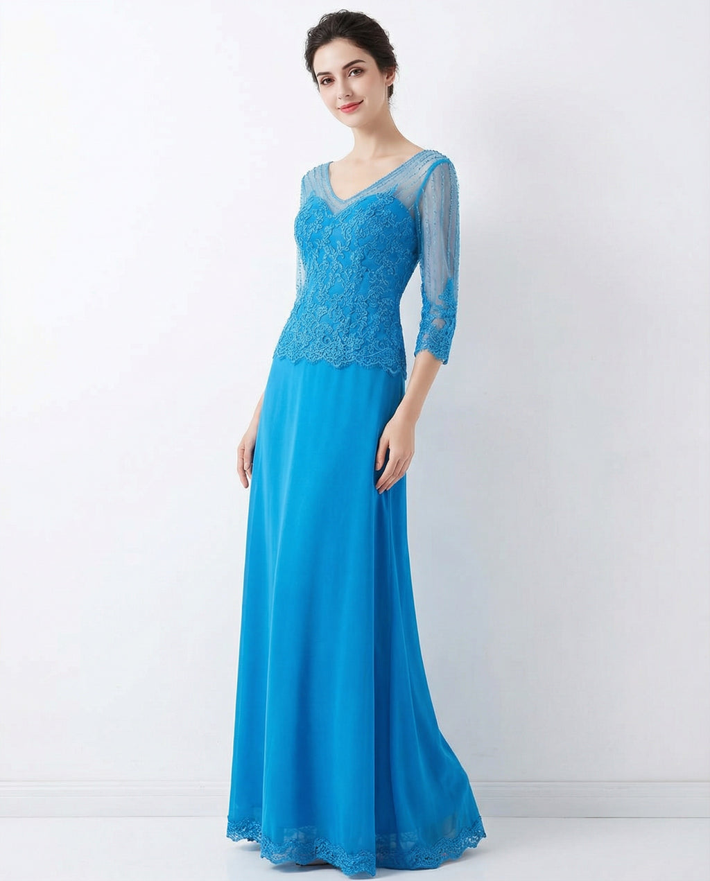 V-neck 3/4 Sleeves Lace Bodice Chiffon Skirt Column Dress