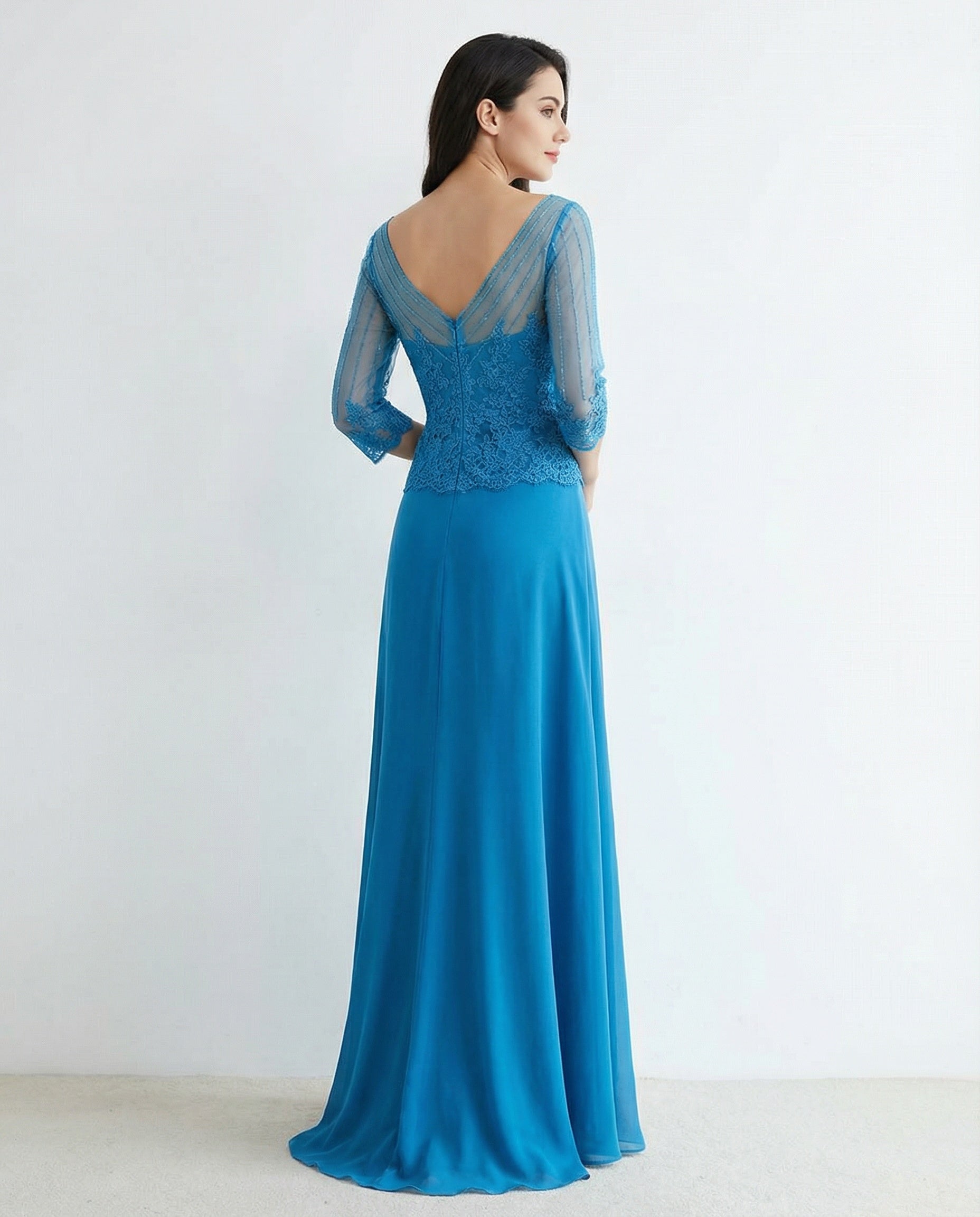 V-neck 3/4 Sleeves Lace Bodice Chiffon Skirt Column Dress