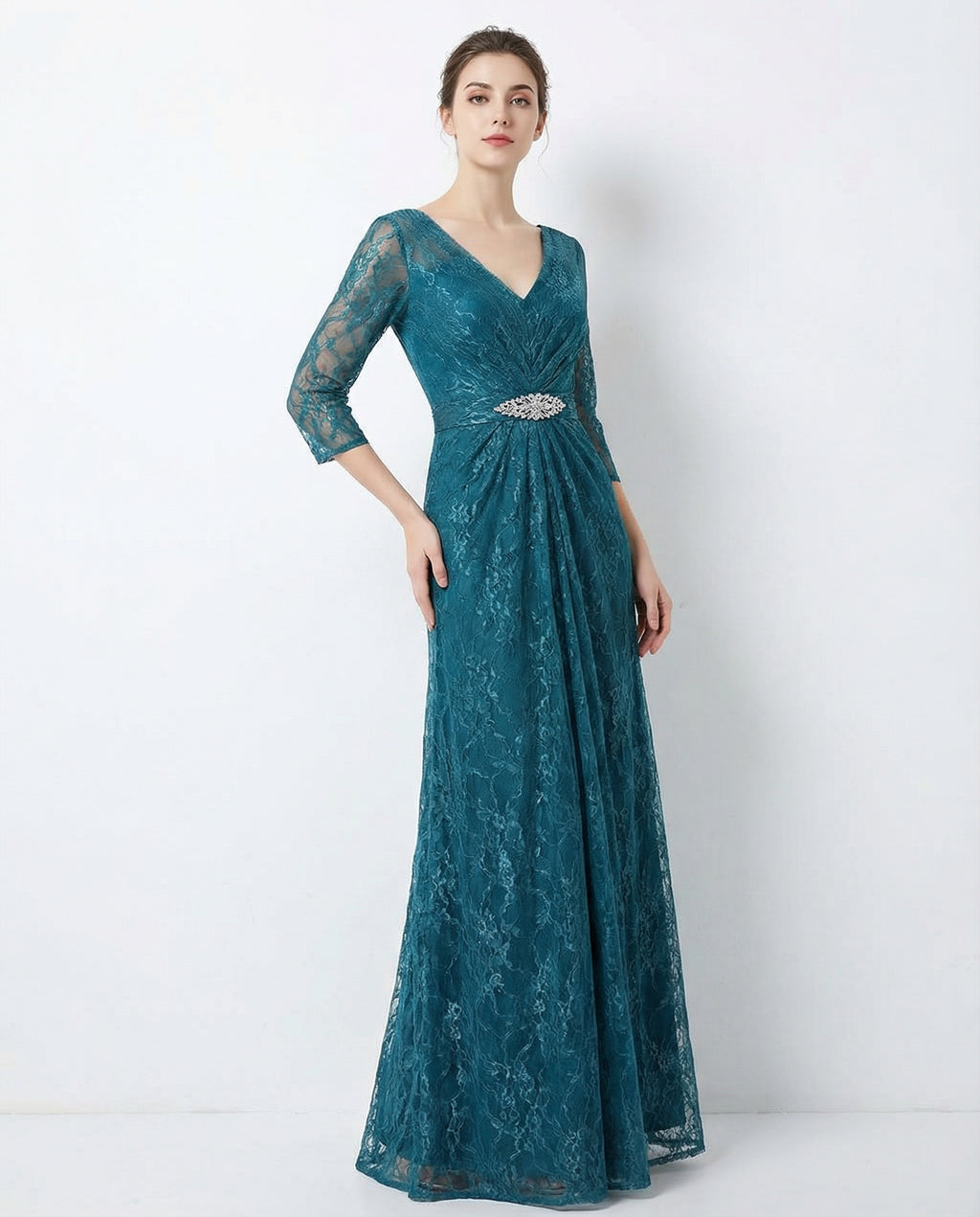 V-neck 3/4 Sleeves Lace A-line Evening Dress with Belt