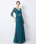 V-neck 3/4 Sleeves Lace A-line Evening Dress with Belt