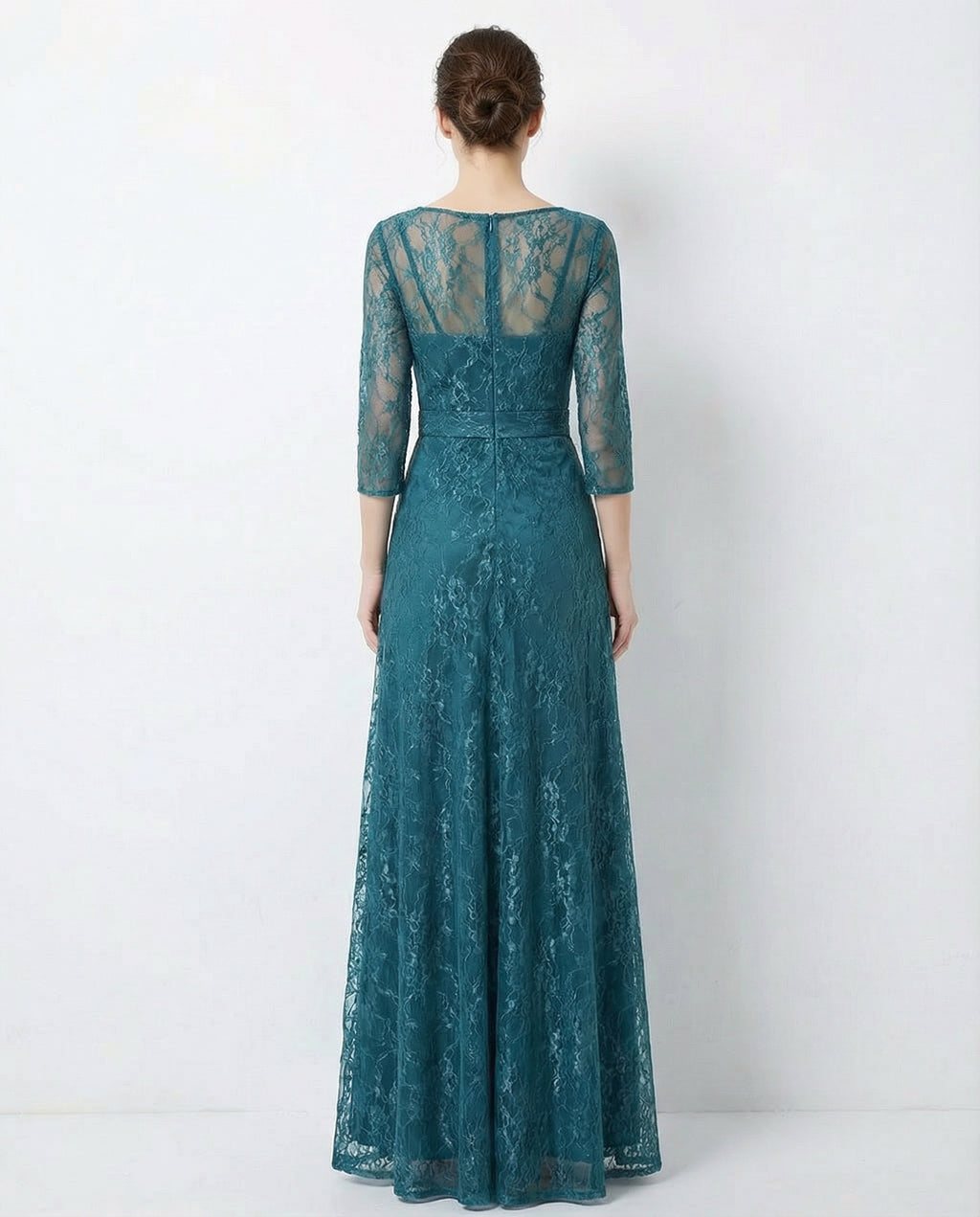 V-neck 3/4 Sleeves Lace A-line Evening Dress with Belt