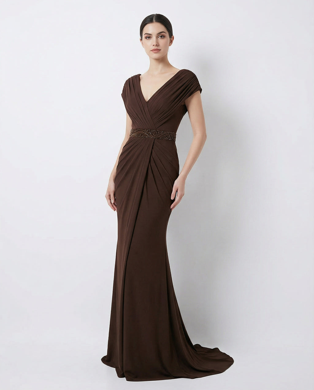 V-neck Cap Sleeves Pleated Bodice Sheath Jersey Evening Dress