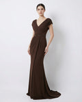 V-neck Cap Sleeves Pleated Bodice Sheath Jersey Evening Dress