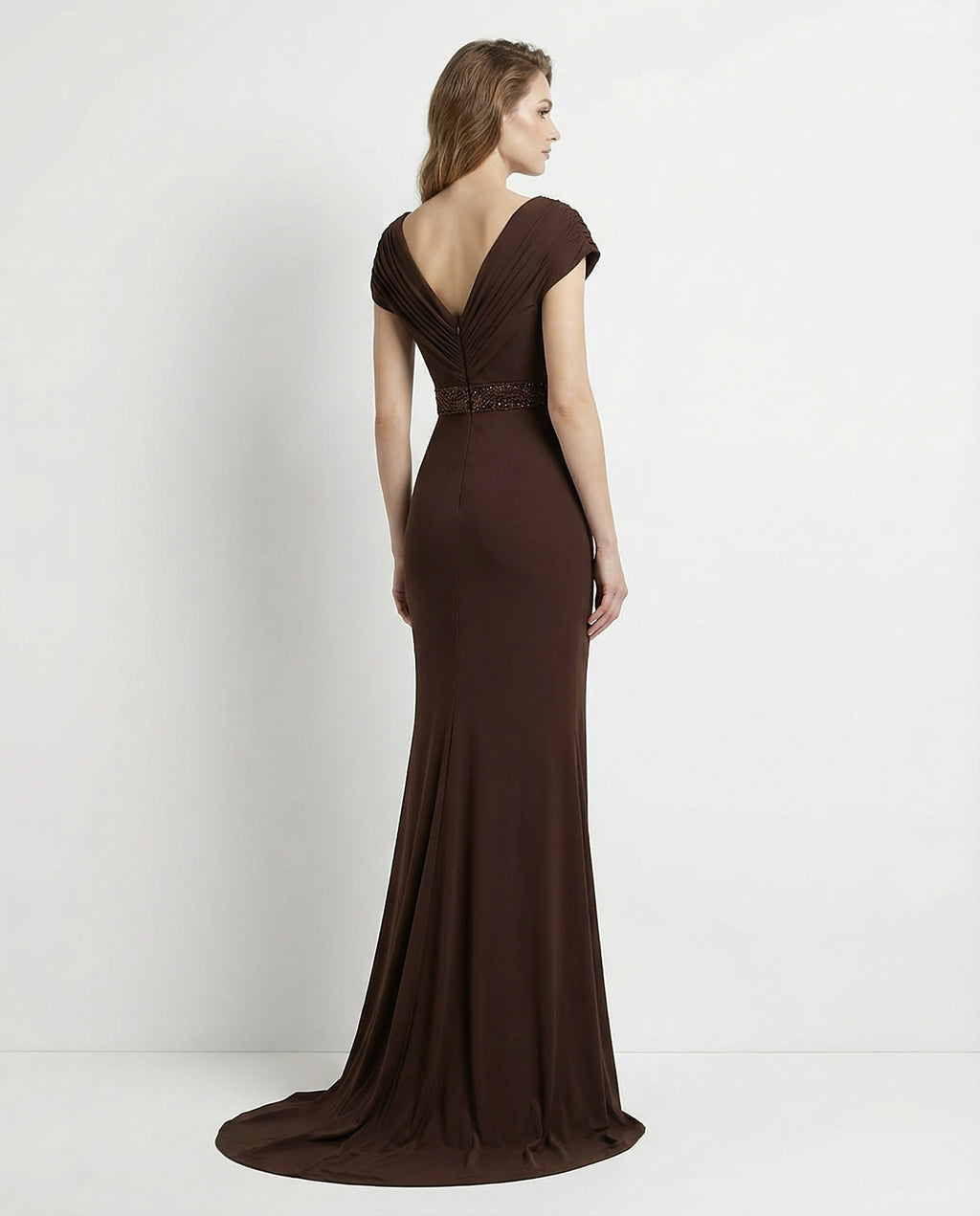V-neck Cap Sleeves Pleated Bodice Sheath Jersey Evening Dress