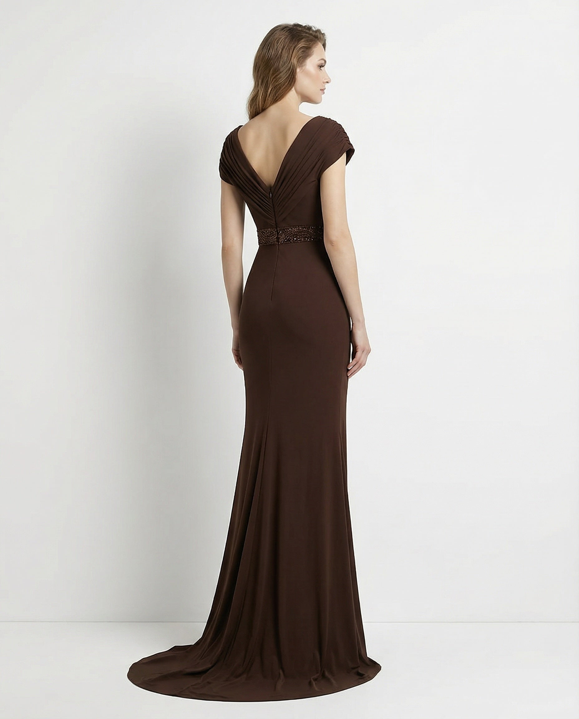 V-neck Cap Sleeves Pleated Bodice Sheath Jersey Evening Dress