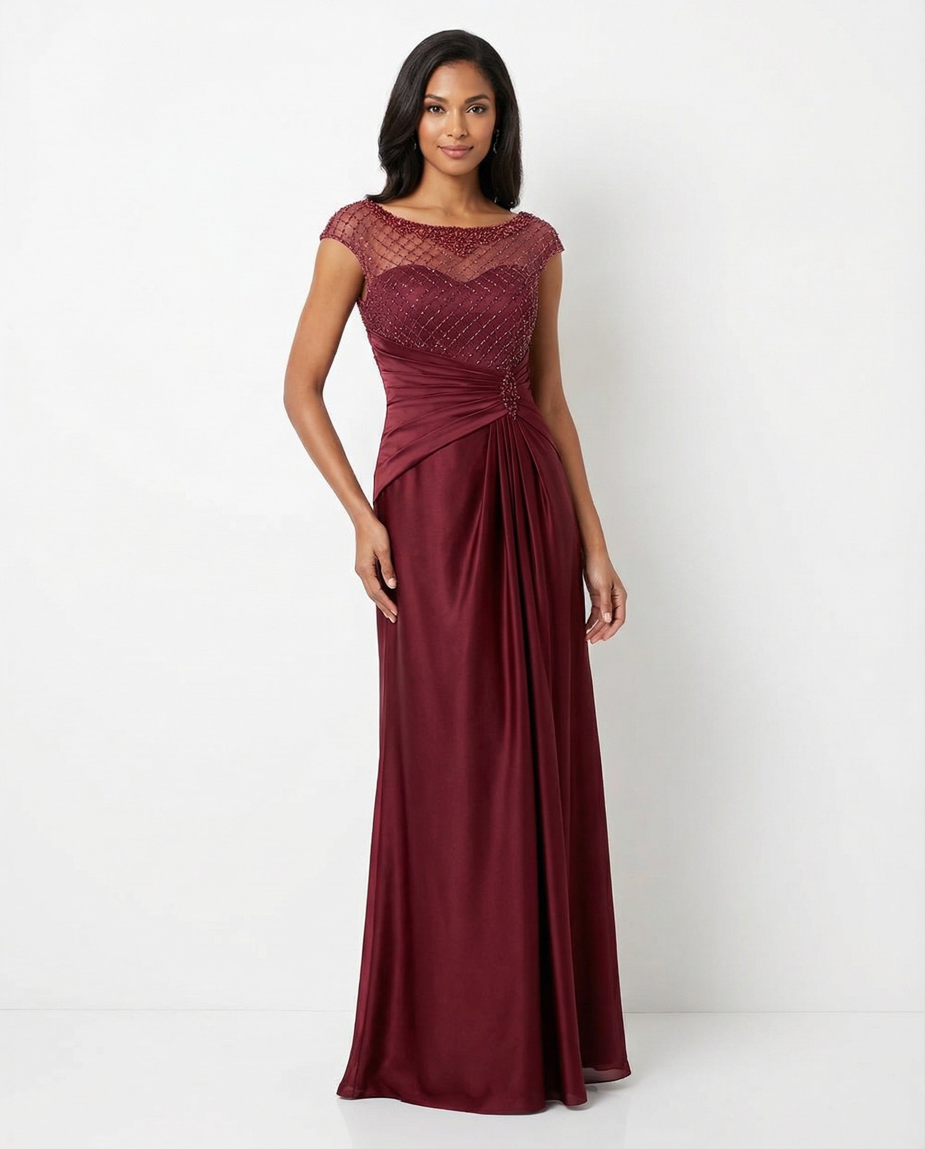 Scoop Neck Cap Sleeves A-line Satin Formal Dress