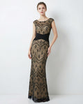 Scoop Neck Cap Sleeves Lace Sheath Evening Dress with Pleated Waist