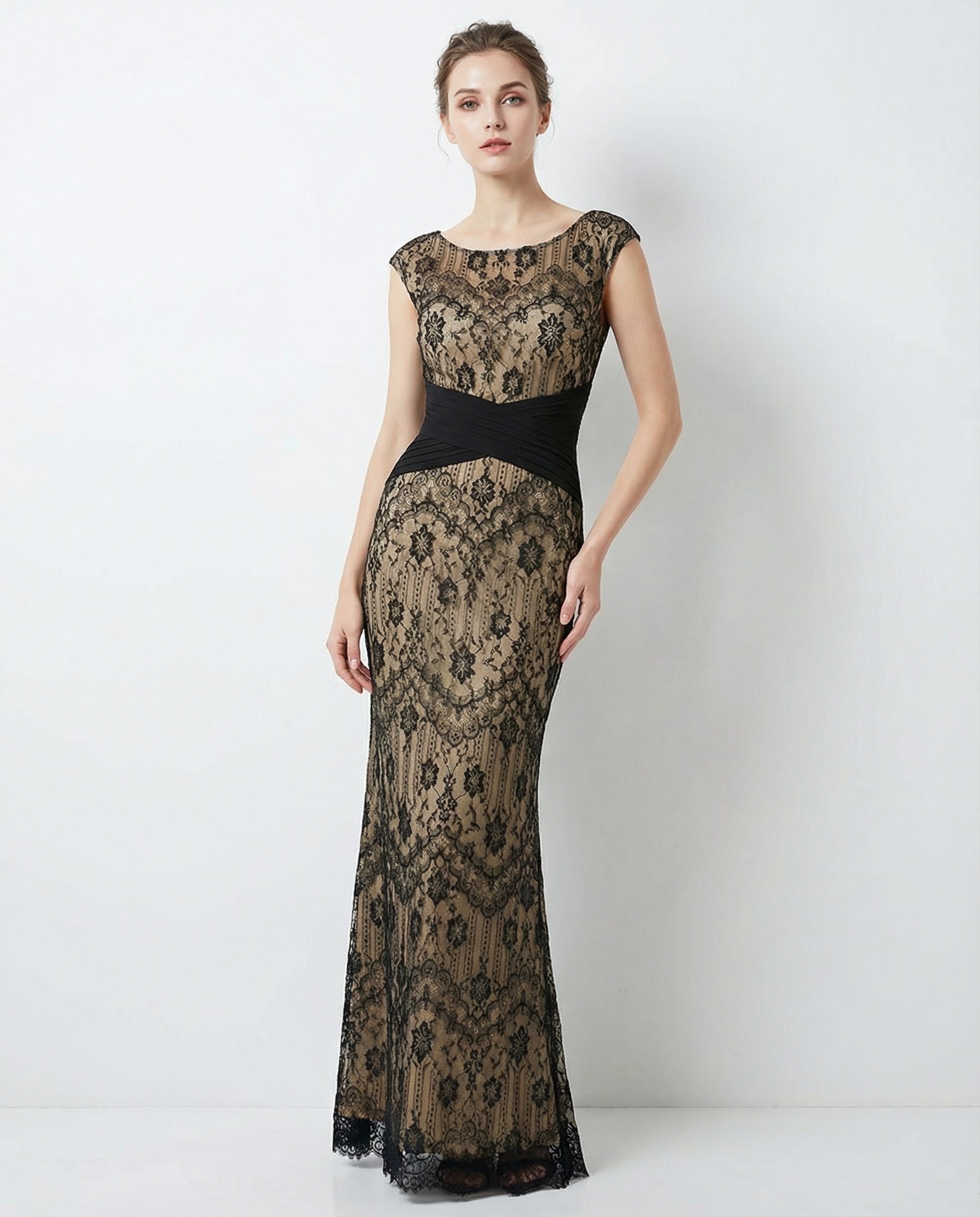Scoop Neck Cap Sleeves Lace Sheath Evening Dress with Pleated Waist
