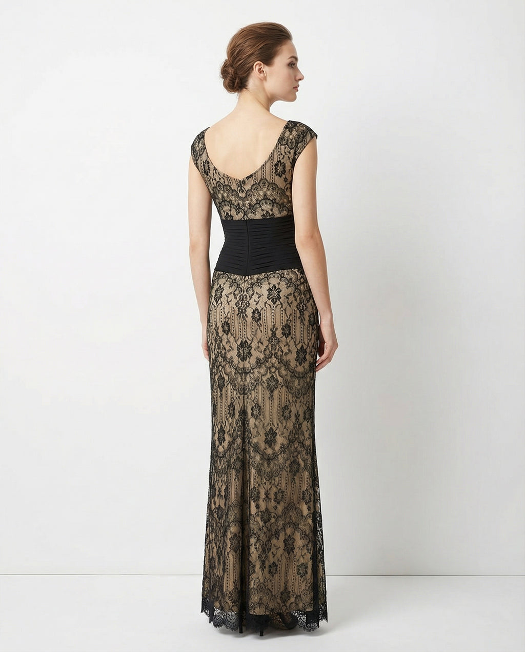 Scoop Neck Cap Sleeves Lace Sheath Evening Dress with Pleated Waist