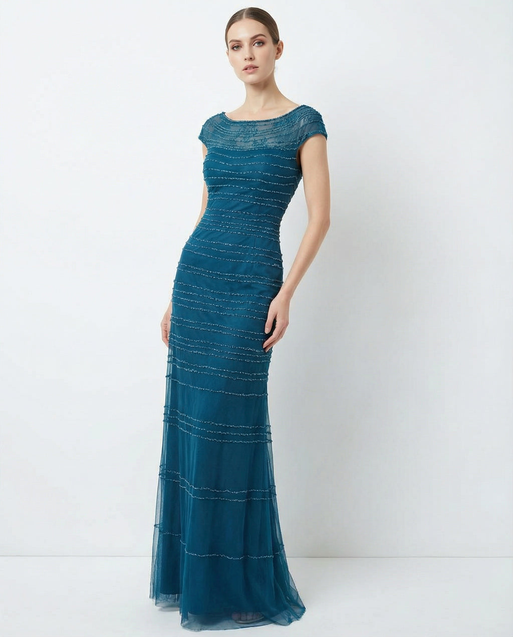 Cap Sleeves Scoop Beaded Tulle Sheath Evening Dress