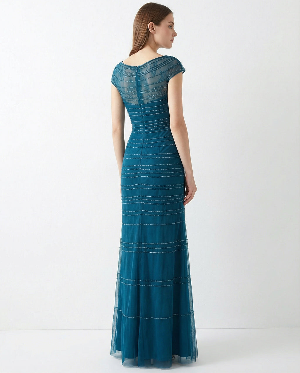 Cap Sleeves Scoop Beaded Tulle Sheath Evening Dress