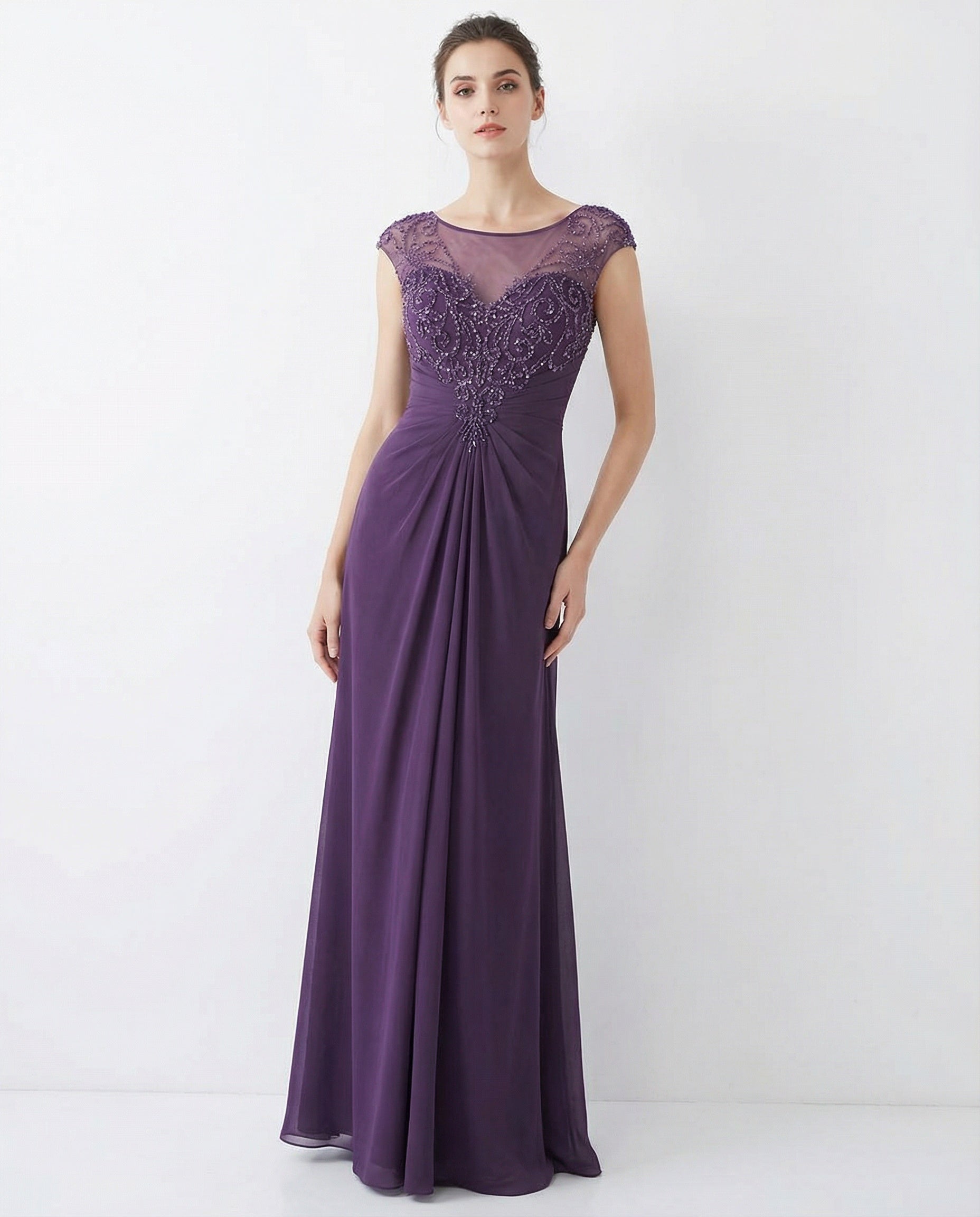 Cap Sleeves Illusion Neckline Beaded Bodice A-line Chiffon Dress