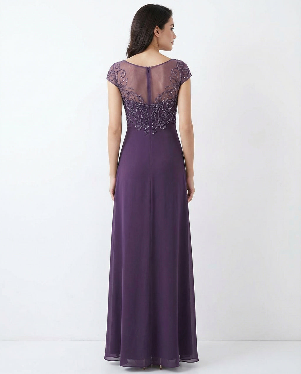 Cap Sleeves Illusion Neckline Beaded Bodice A-line Chiffon Dress