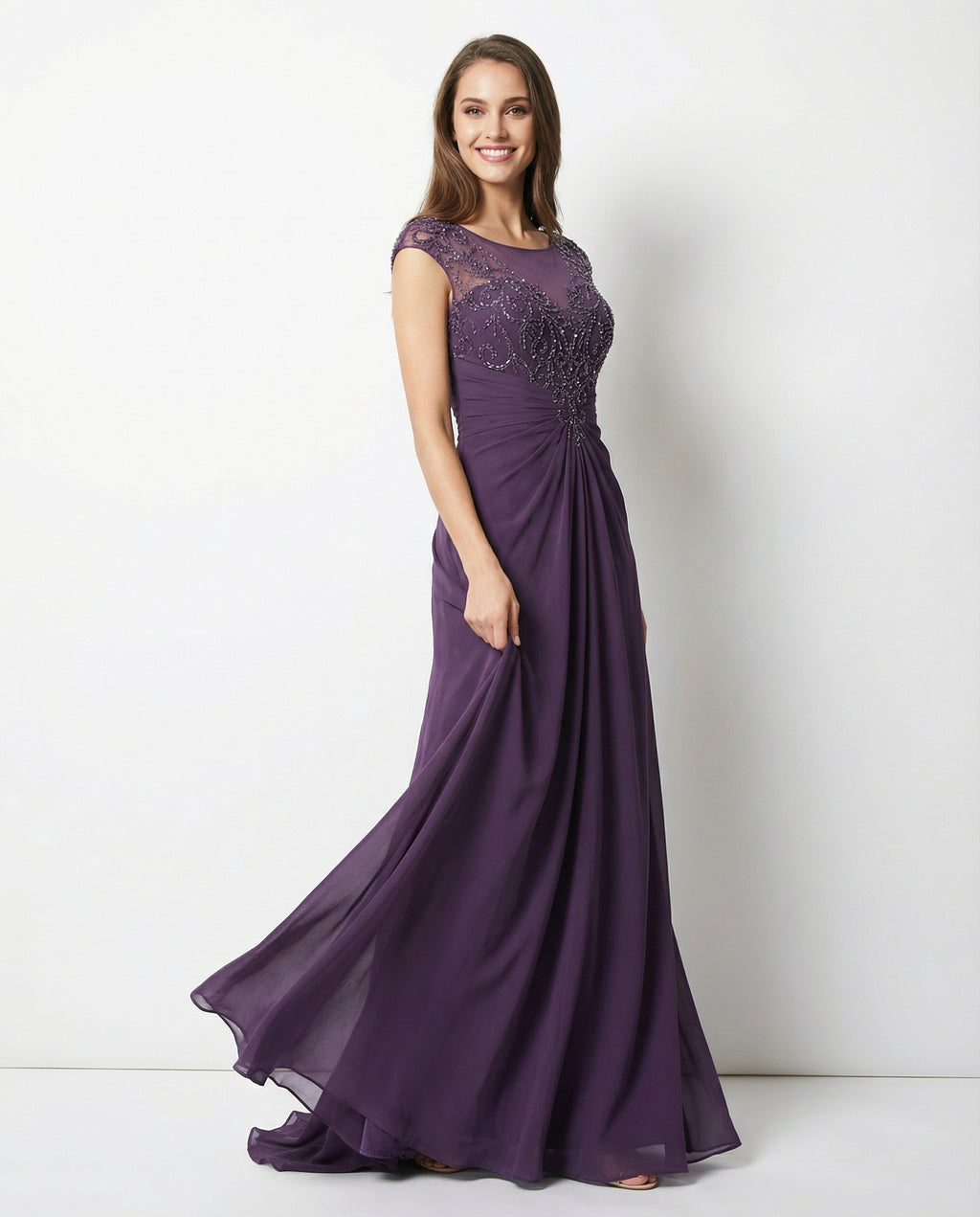 Cap Sleeves Illusion Neckline Beaded Bodice A-line Chiffon Dress