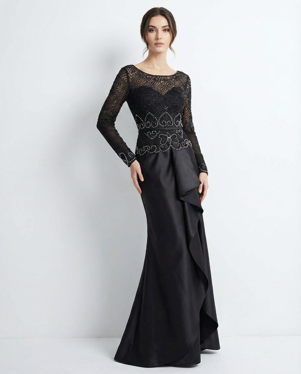 Long Sleeves Scoop Neck Lace Bodice Sheath Satin Evening Dress with Ruching