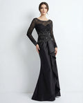 Long Sleeves Scoop Neck Lace Bodice Sheath Satin Evening Dress with Ruching