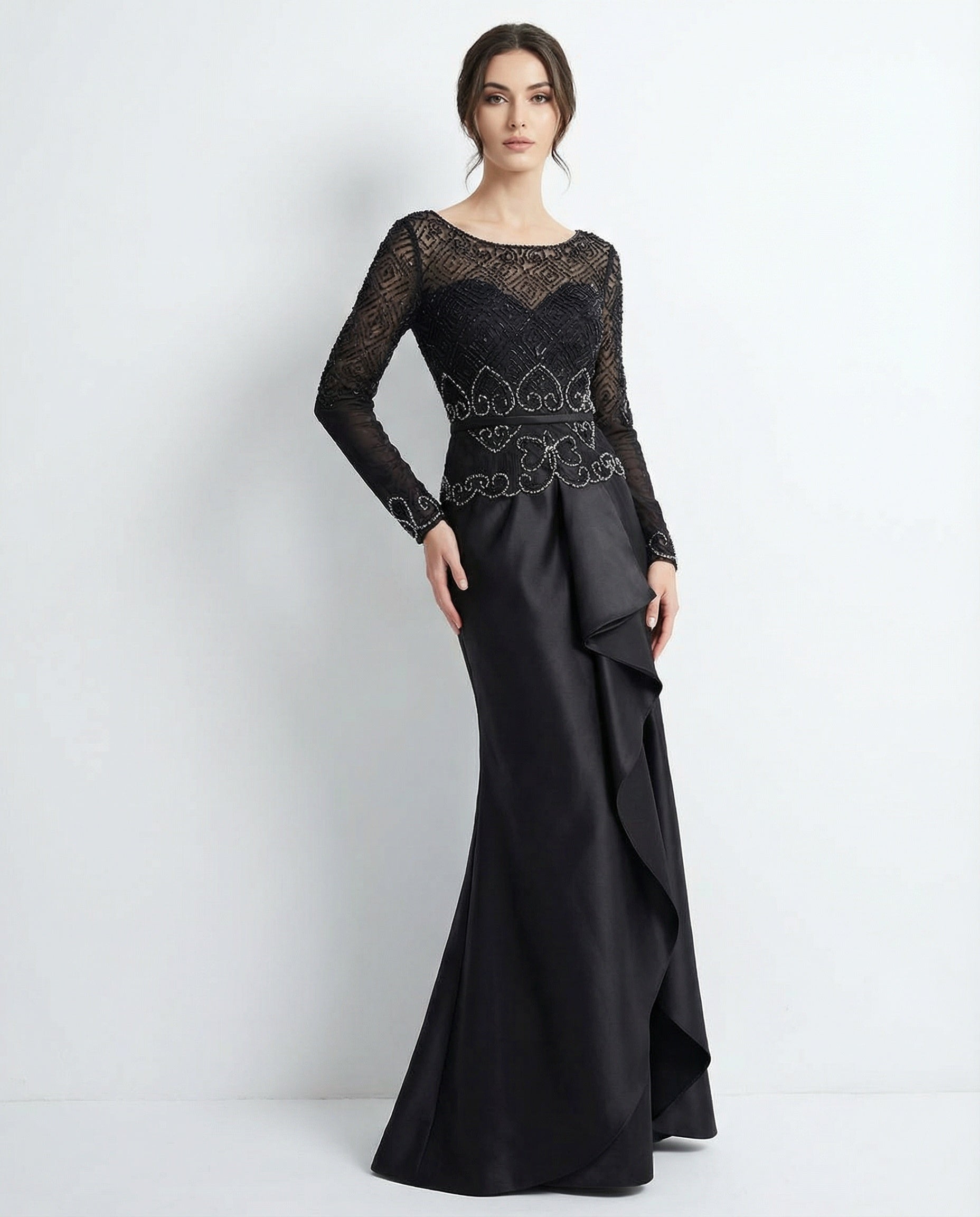 Long Sleeves Scoop Neck Lace Bodice Sheath Satin Evening Dress with Ruching