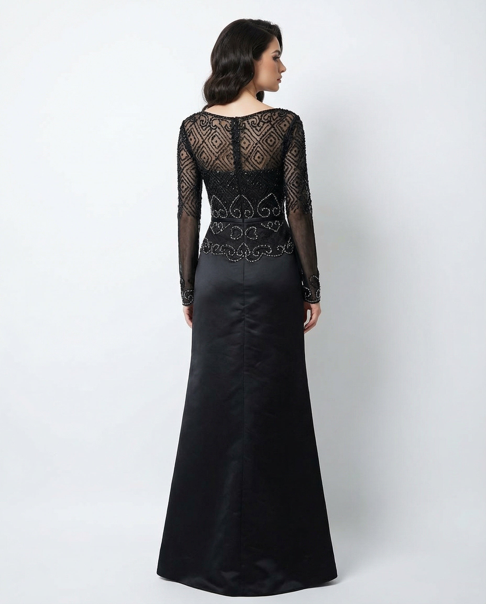 Long Sleeves Scoop Neck Lace Bodice Sheath Satin Evening Dress with Ruching