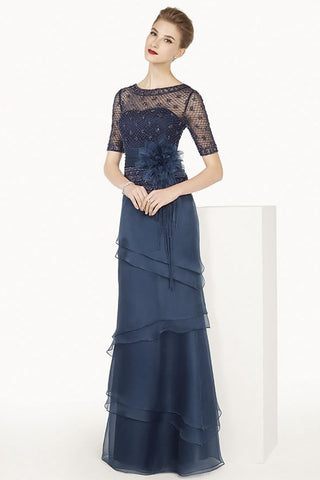 Sheath Illusion Neckline Short Sleeve Floor-length Mother of The Bride Dress  with Tiered Skirt