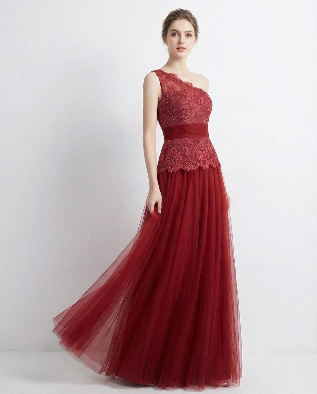 One Shoulder Lace Top Tulle A-line Evening Dress