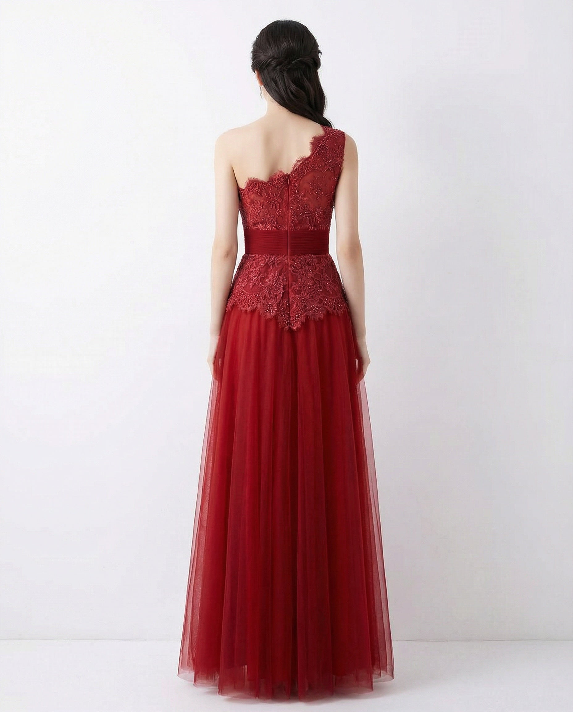 One Shoulder Lace Top Tulle A-line Evening Dress