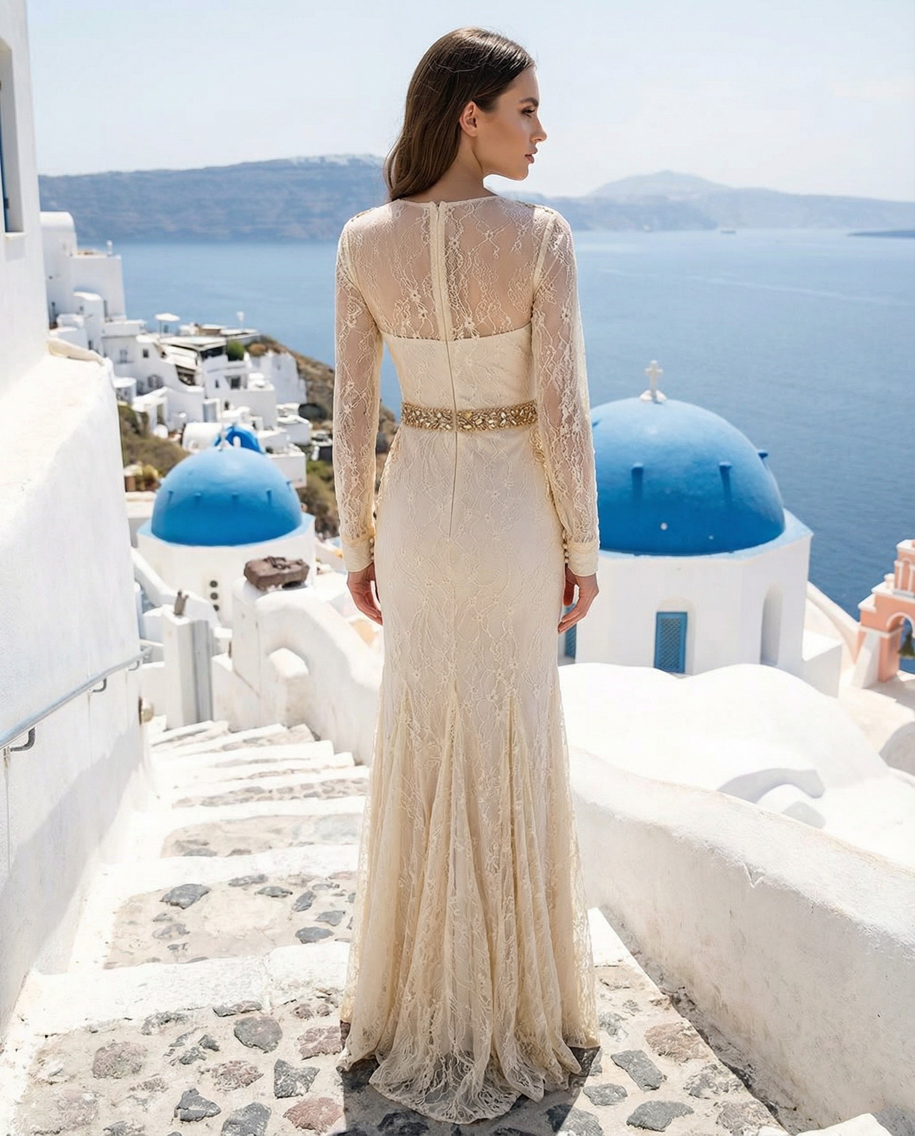 Bateau Neckline Long Sleeves Mermaid Lace Dress with Belt