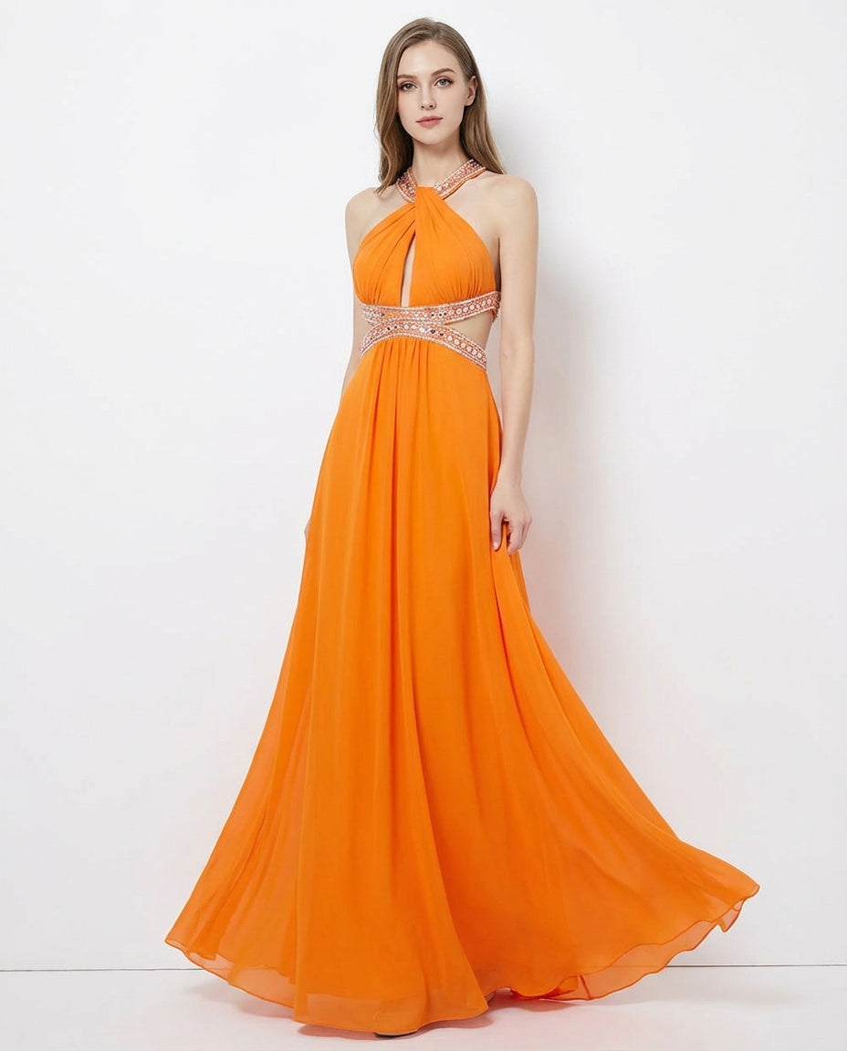 Halter Neck Cut-out Waist A-line Chiffon Prom Dress