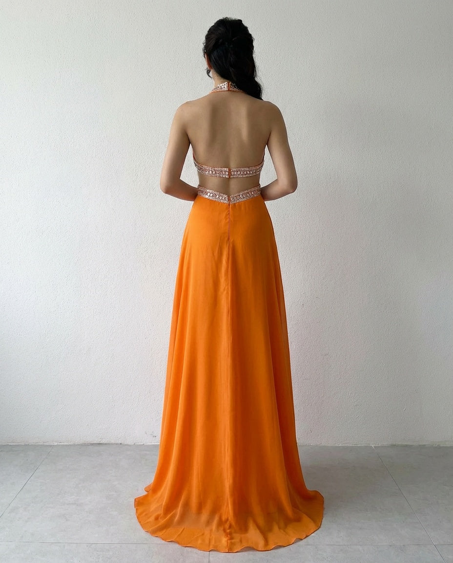 Halter Neck Cut-out Waist A-line Chiffon Prom Dress