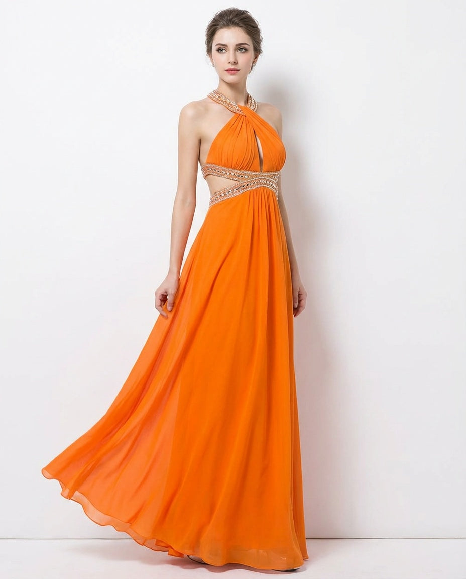 Halter Neck Cut-out Waist A-line Chiffon Prom Dress