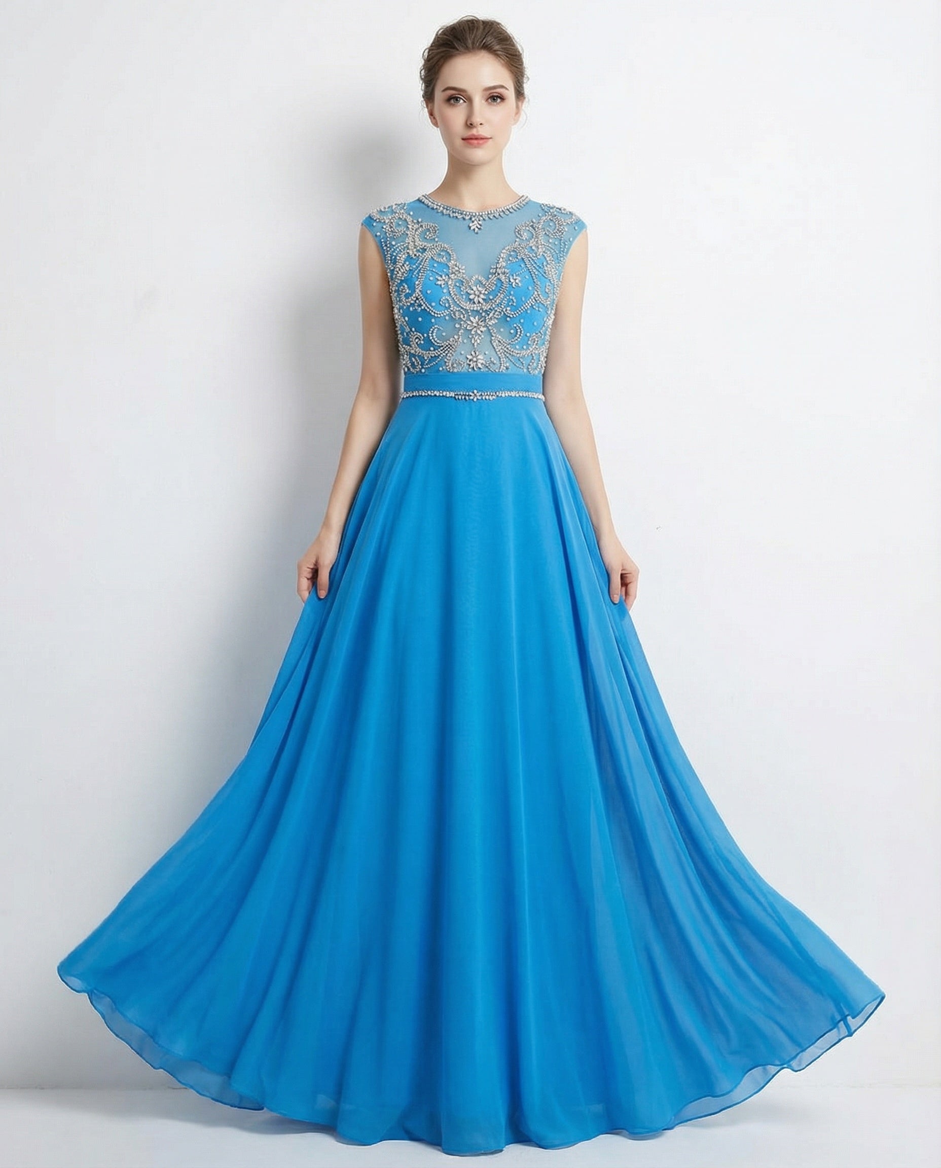 Jewel Neck Cap Sleeves Beaded Top A-line Chiffon Prom Dress Ms. Grace Jewel Neck Cap Sleeves Beaded Top A-line Chiffon Prom Dress Ms. Grace
