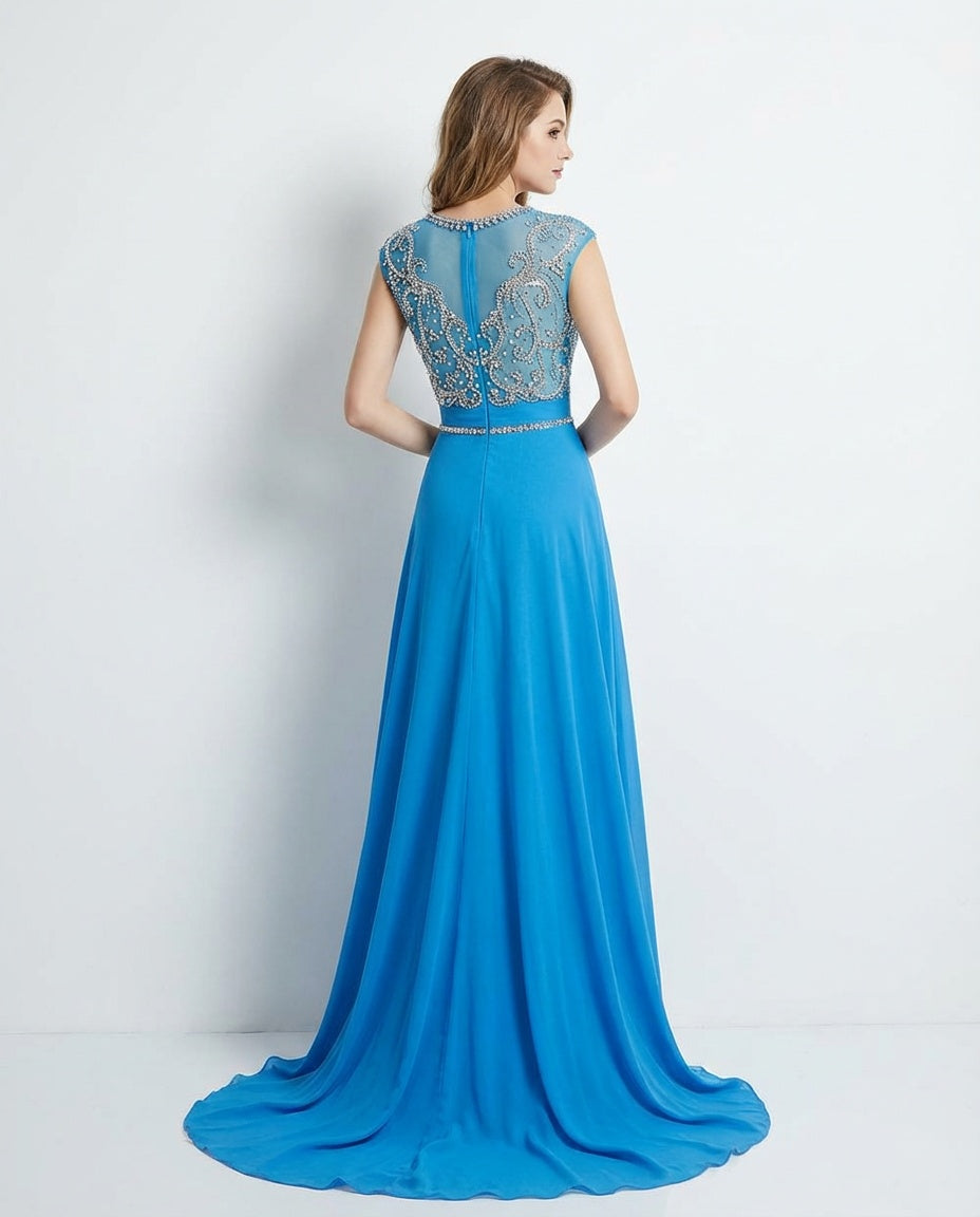Jewel Neck Cap Sleeves Beaded Top A-line Chiffon Prom Dress Ms. Grace Jewel Neck Cap Sleeves Beaded Top A-line Chiffon Prom Dress Ms. Grace