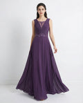 V-neck Sleeveless Pleated Bodice A-line Chiffon Maxi Dress