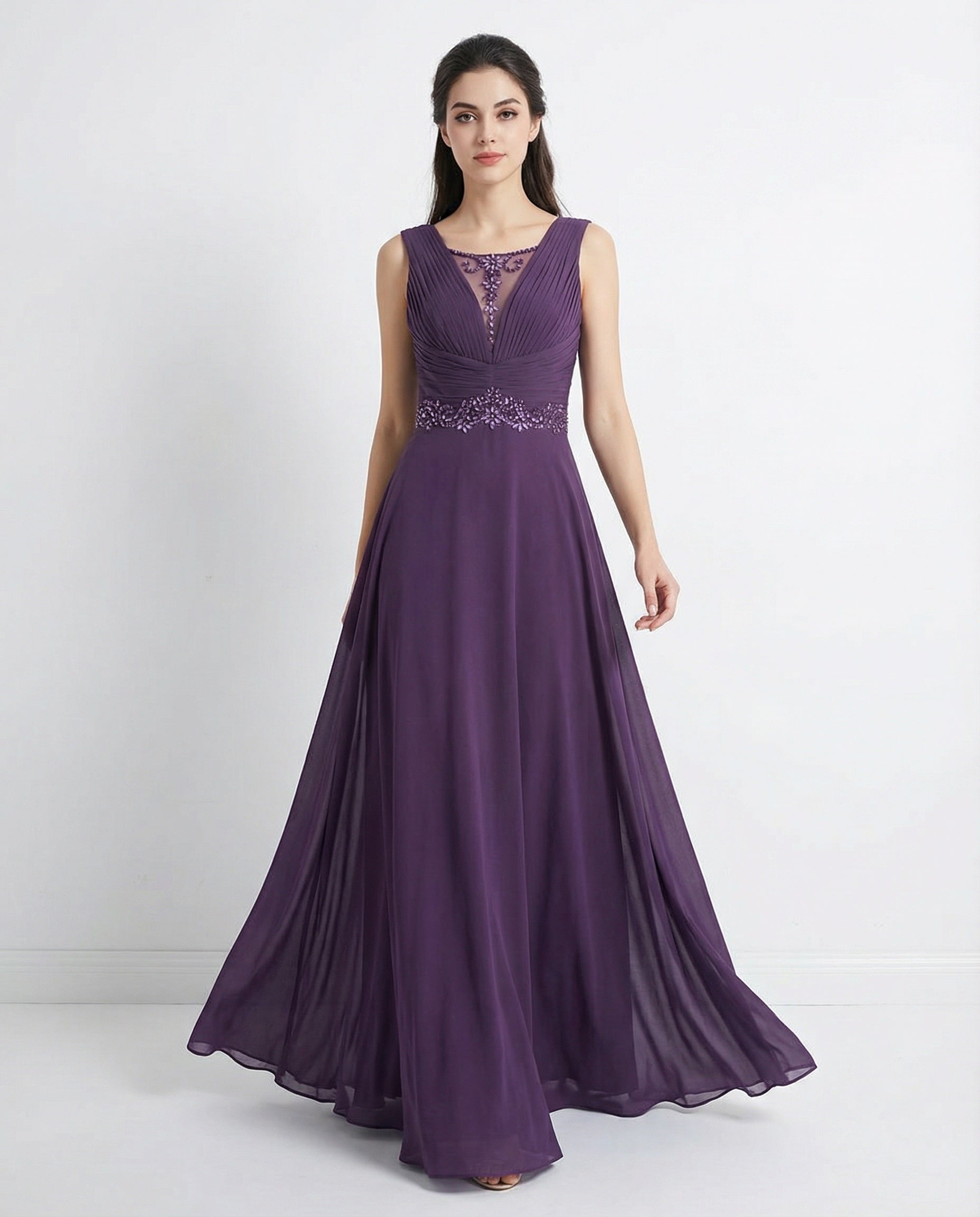 V-neck Sleeveless Pleated Bodice A-line Chiffon Maxi Dress