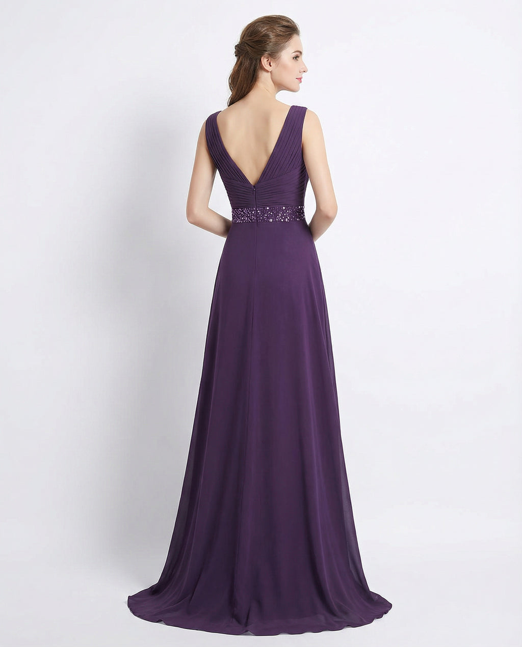 V-neck Sleeveless Pleated Bodice A-line Chiffon Maxi Dress