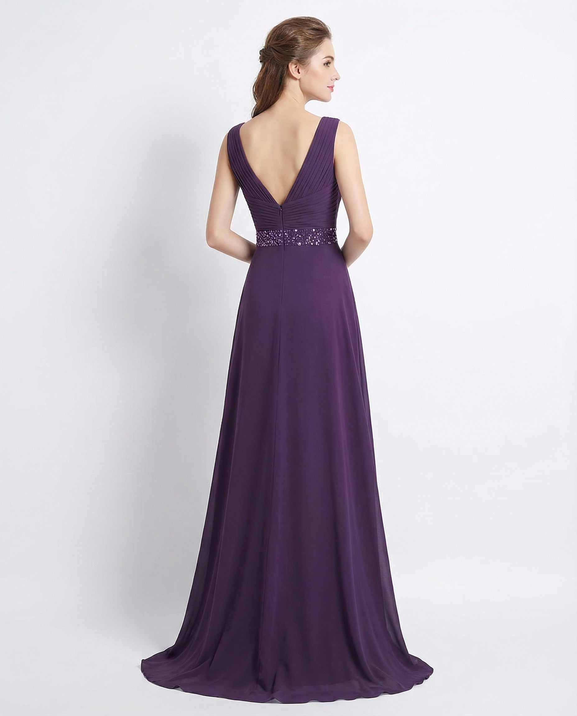 V-neck Sleeveless Pleated Bodice A-line Chiffon Maxi Dress