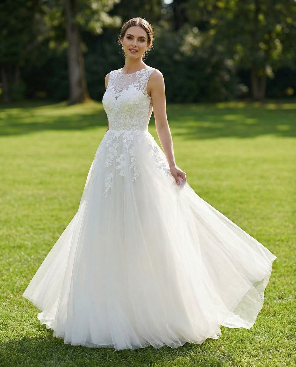 Illusion Neck Sleeveless Lace and Tulle A-line Wedding Dress