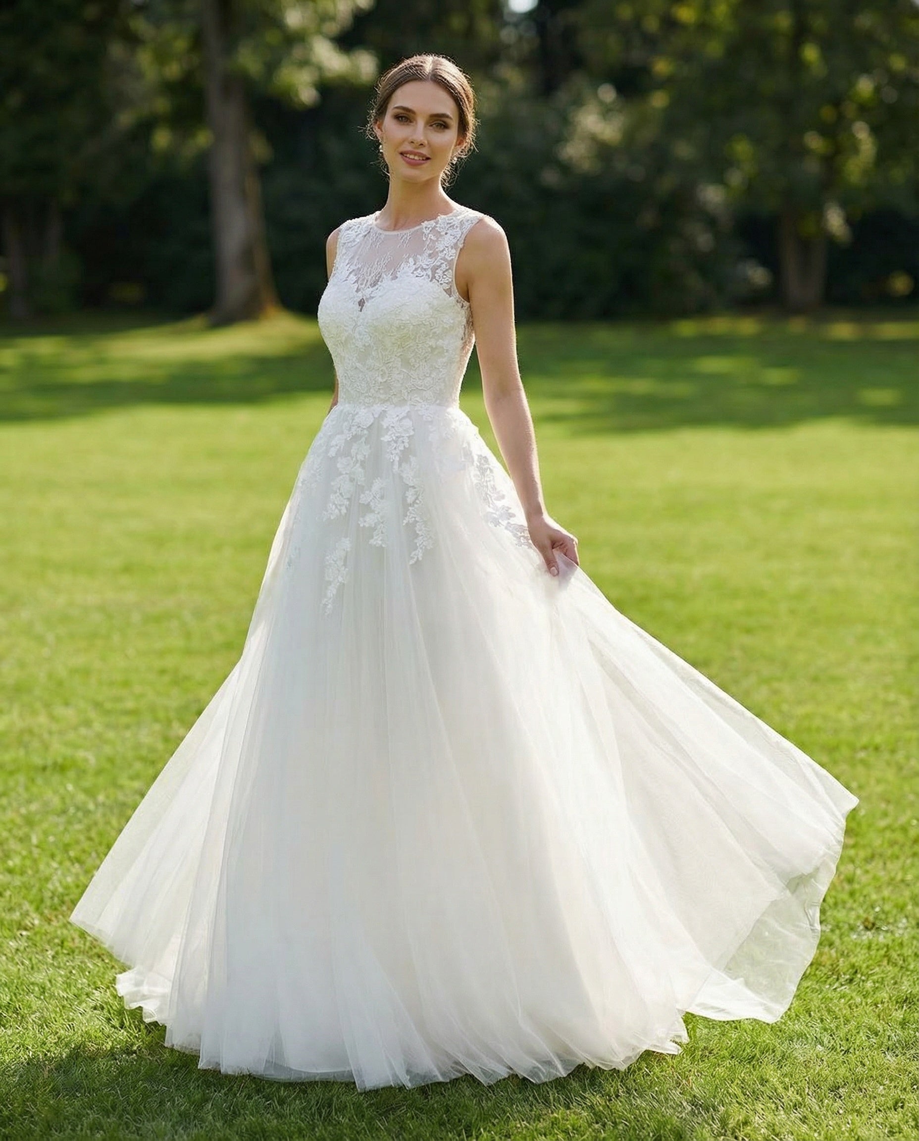 Illusion Neck Sleeveless Lace and Tulle A-line Wedding Dress
