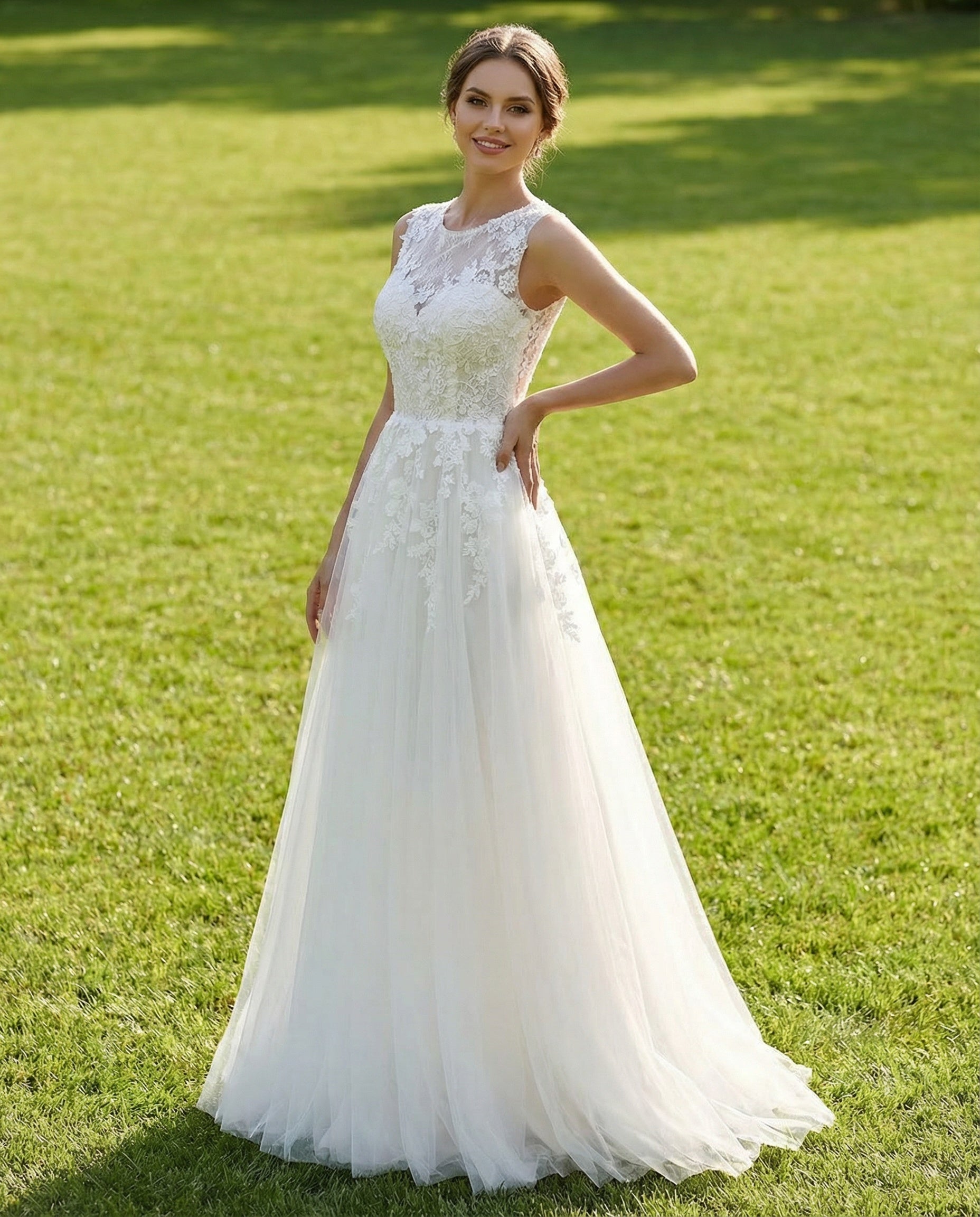 Illusion Neck Sleeveless Lace and Tulle A-line Wedding Dress