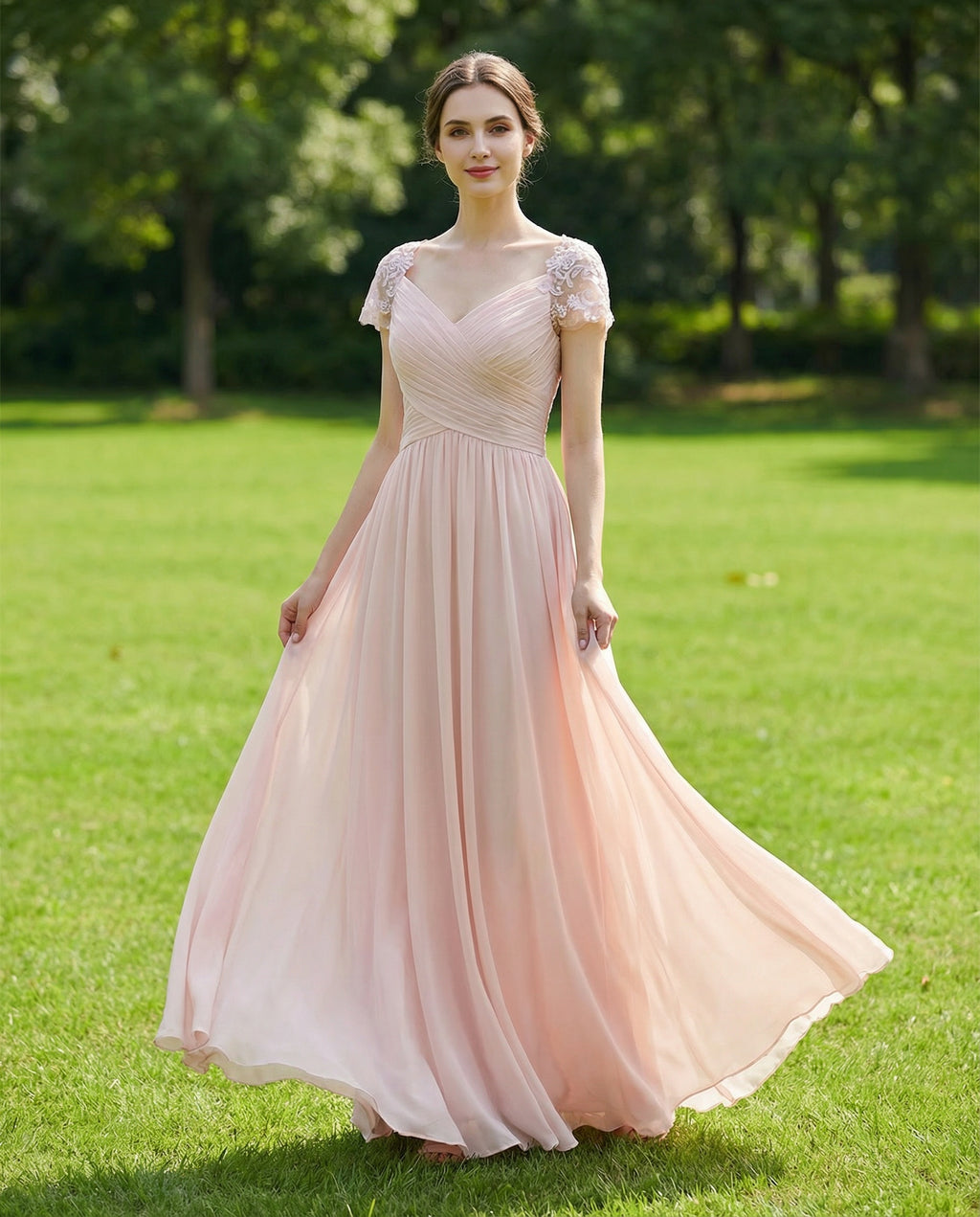 Short Lace Sleeves Pleated Bodice Chiffon A-line Wedding Dress Ms. Grace Short Lace Sleeves Pleated Bodice Chiffon A-line Wedding Dress Ms. Grace