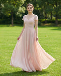 Short Lace Sleeves Pleated Bodice Chiffon A-line Wedding Dress