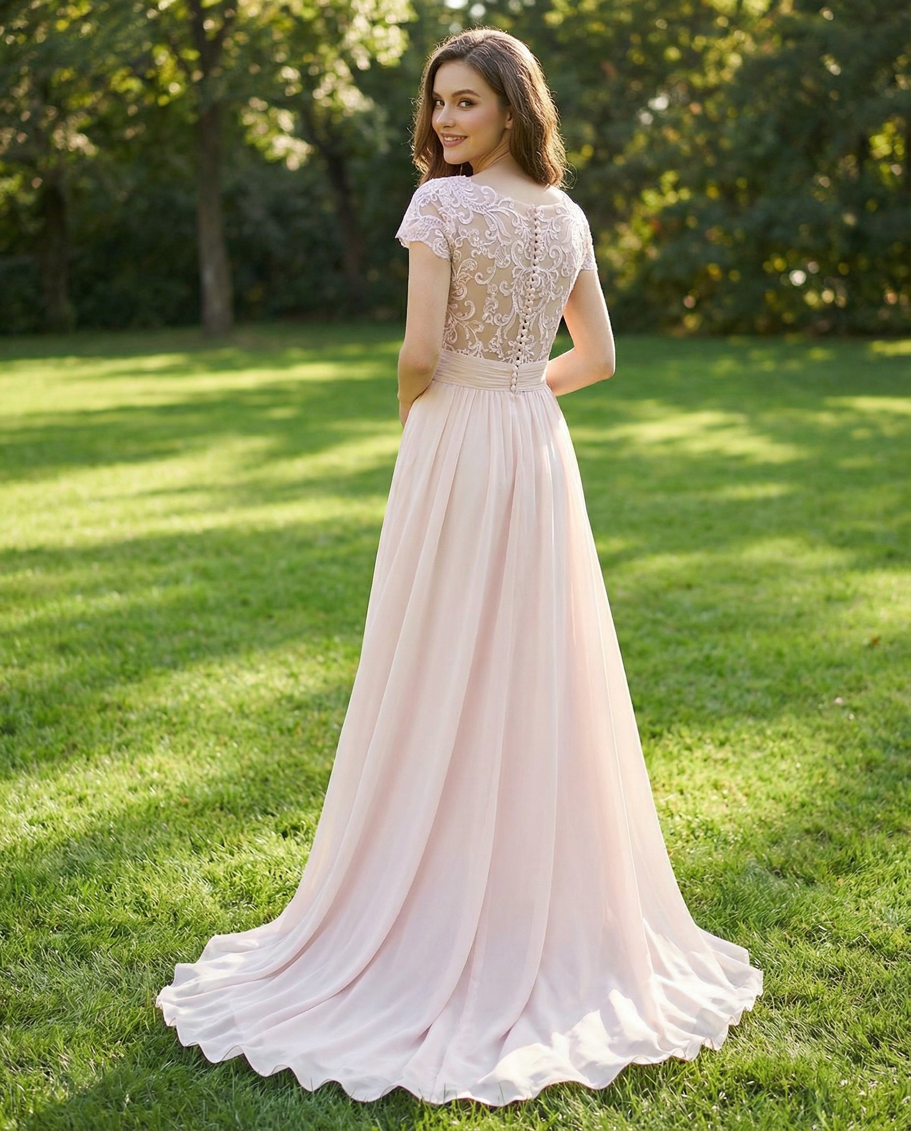 Short Lace Sleeves Pleated Bodice Chiffon A-line Wedding Dress Ms. Grace Short Lace Sleeves Pleated Bodice Chiffon A-line Wedding Dress Ms. Grace