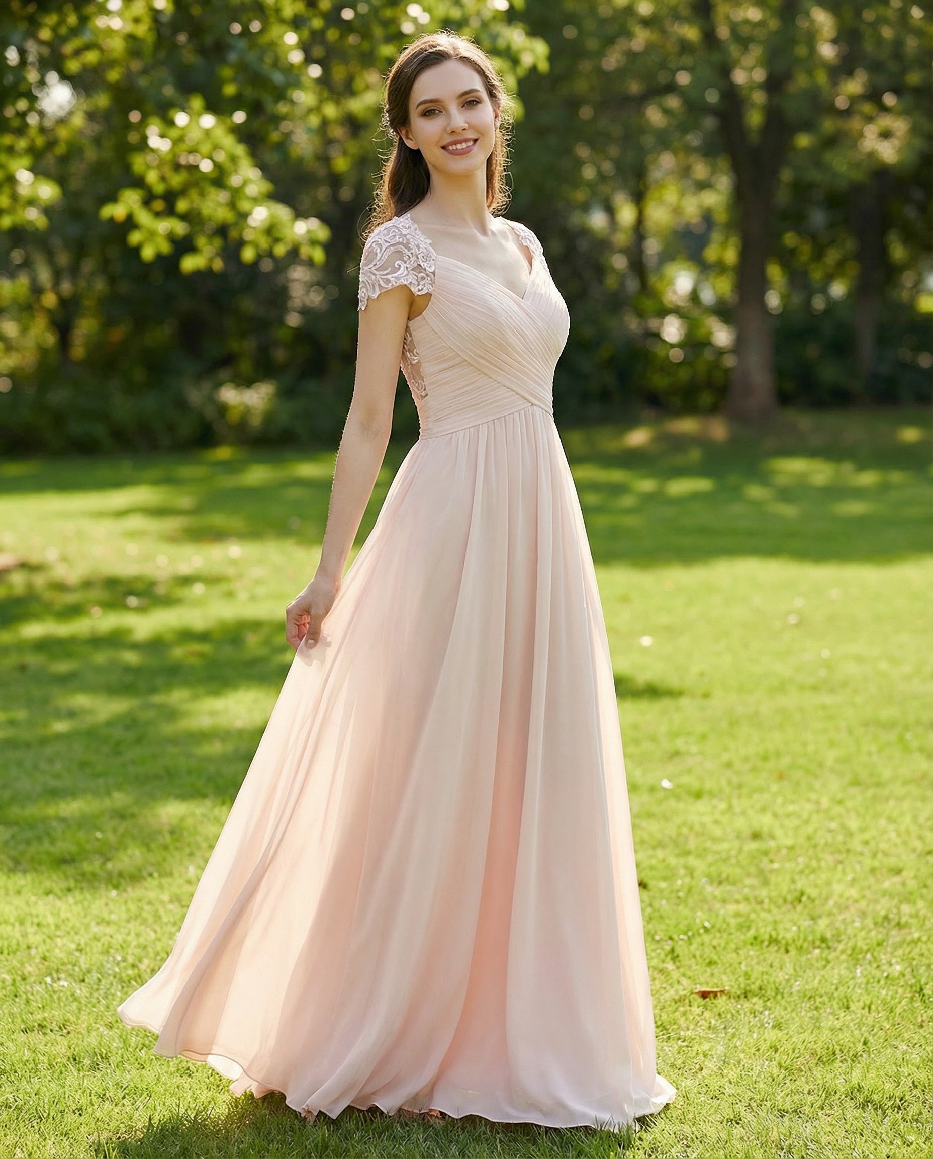 Short Lace Sleeves Pleated Bodice Chiffon A-line Wedding Dress Ms. Grace Short Lace Sleeves Pleated Bodice Chiffon A-line Wedding Dress Ms. Grace