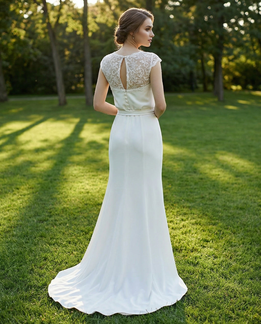 Lace Cap Sleeves V-neck Sheath Satin Wedding Dress with Keyhole Back